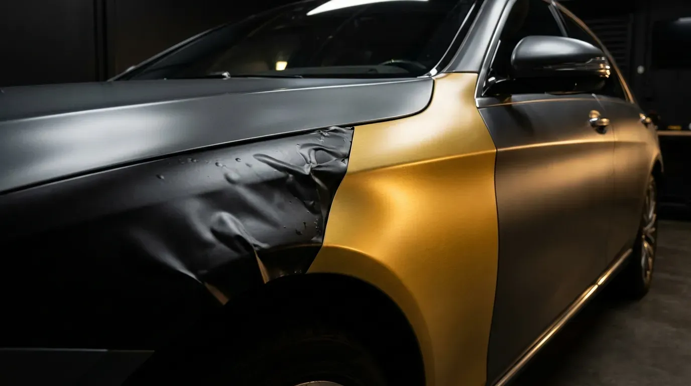 便宜包膜靠譜嗎｜文章封面（深色車體細節、品牌金黑色調，AI 生成示意圖）