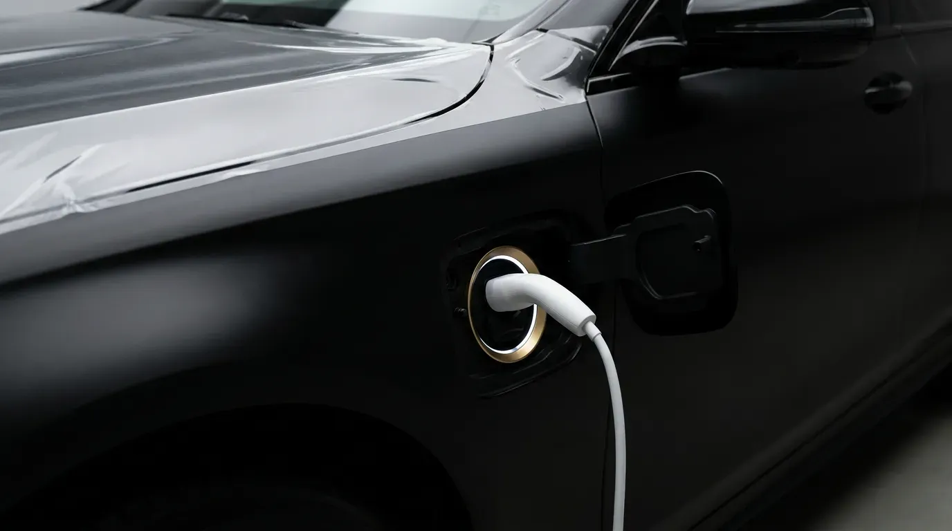 電動車包膜注意｜文章封面（深色車體細節、品牌金黑色調，AI 生成示意圖）