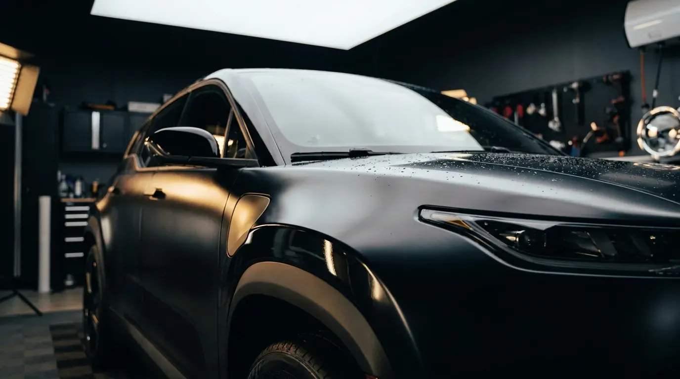 Tesla Model Y 包膜｜文章封面（深色車體細節、品牌金黑色調，AI 生成示意圖）